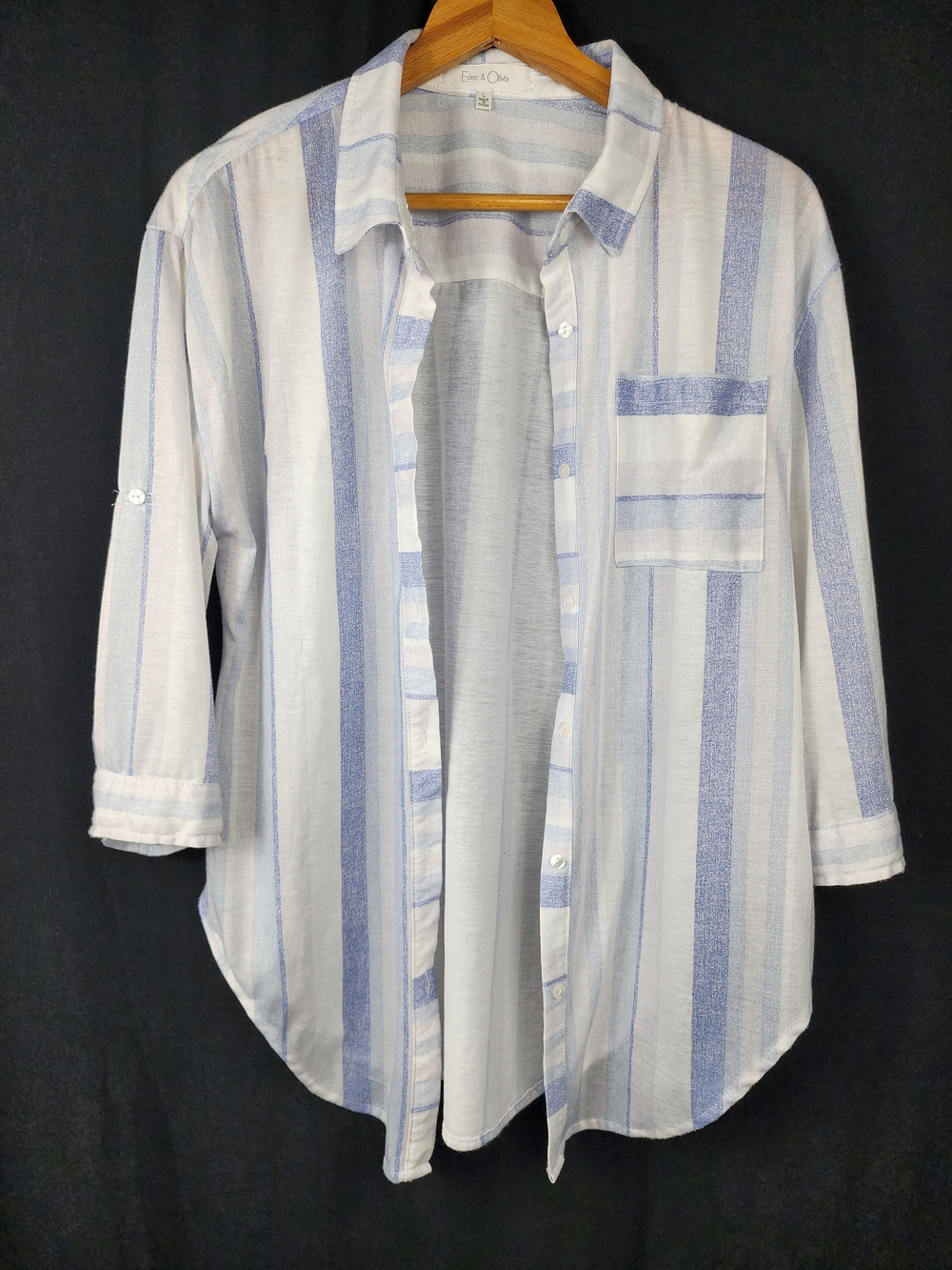 Eden & Olivia Blue & White Striped Women's Button-Up Shirt Size L